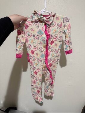Girls Floral Ruffle Hooded Pajama One-Piece - Pink Trim